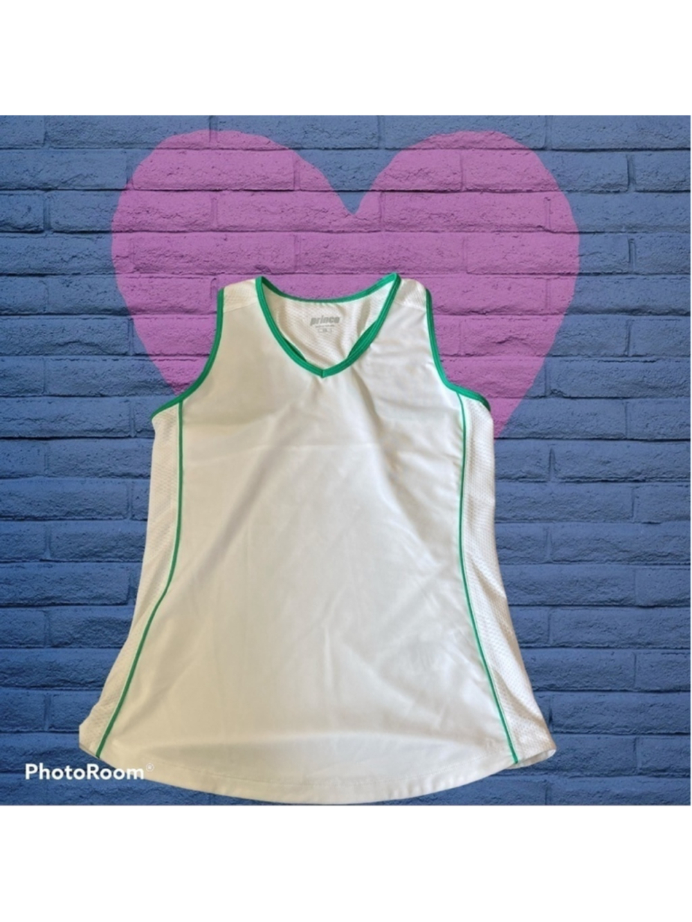 Prince white tank w green piping size xs